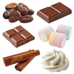 Assortment of sweet treats including chocolate bars cocoa beans marshmallows cinnamon sticks and whipped cream isolated on transparent background