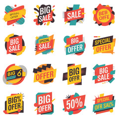 Collection of colorful abstract sale and offer tags with text big sale big offer special offer 50 percent off isolated on transparent background
