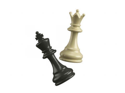 Black king fallen next to white queen chess pieces isolated on a transparent background - Powered by Adobe