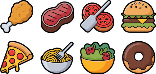 Cartoon food icons, fried chicken, hamburger, pizza slice, spaghetti bowl, salad, donut, steak, tomato, stylized illustration