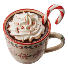 Festive holiday hot chocolate topped with whipped cream crushed candy cane pieces and a candy cane stick isolated on transparent background