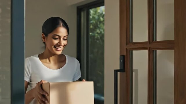 Smiling young woman joyfully receives a package at her doorstep, embodying the convenience and satisfaction of modern home delivery and online shopping