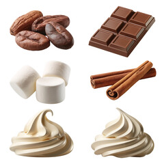 Collection of sweet ingredients for hot chocolate including cocoa beans chocolate bar marshmallows cinnamon sticks and whipped cream isolated on transparent background