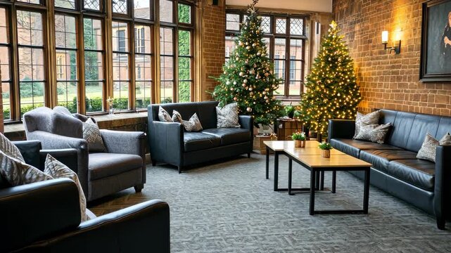 Enjoy a warm and inviting atmosphere in a stylish lounge adorned with holiday decorations and comfortable seating options