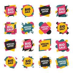 Collection of colorful abstract geometric sale and special offer tags with bold text isolated on transparent background