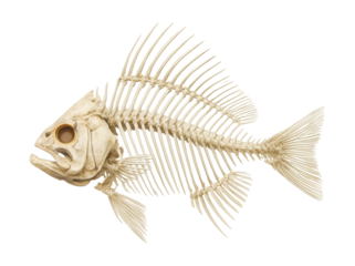 Fish skeleton featuring an extended vertebral column and fin rays.