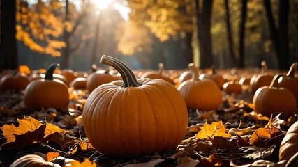 A group of pumpkins resting on a pile of autumn leaves, great for fall or Halloween themed  - Powered by Adobe