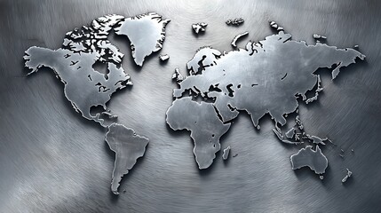 Metallic world map on a textured metal surface showing global connections