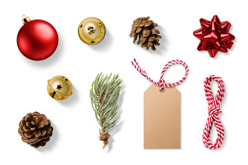 Collection of Christmas-themed elements on a transparent background, featuring gold jingle bells,...