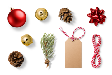 Collection of Christmas-themed elements on a transparent background, featuring gold jingle bells, spruce branch, pine cones, a blank gift tag, a red bauble and a red gift bow. PNG High resolution.
