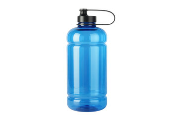 Blue plastic water bottle with black cap and handle isolated on a transparent background
