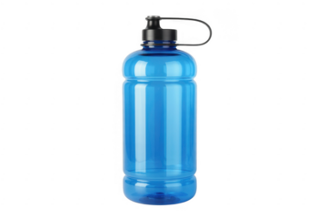 Blue plastic water bottle with black cap and handle isolated on a transparent background