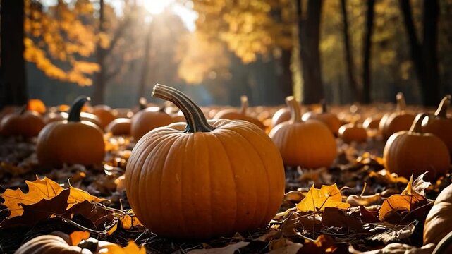 A group of pumpkins resting on a pile of autumn leaves, great for fall or Halloween themed 