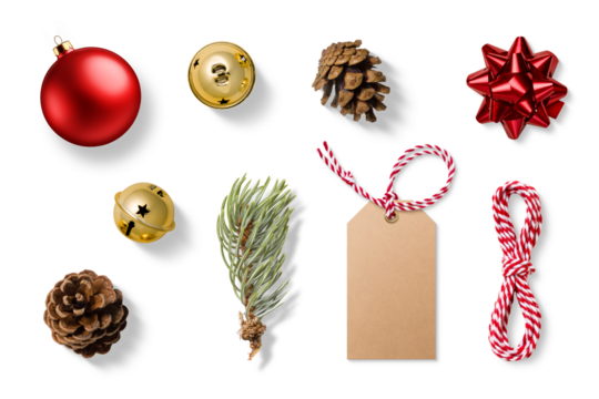 Collection of Christmas-themed elements on a transparent background, featuring gold jingle bells, spruce branch, pine cones, a blank gift tag, a red bauble and a red gift bow. PNG High resolution.