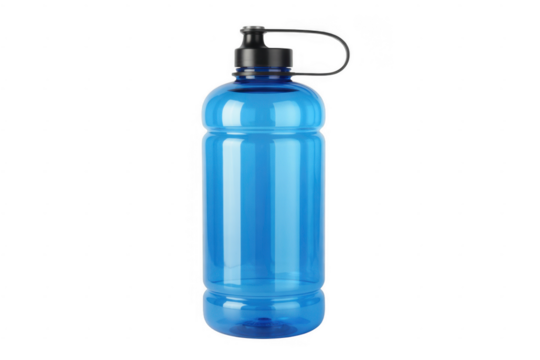 Blue plastic water bottle with black cap and handle isolated on a transparent background