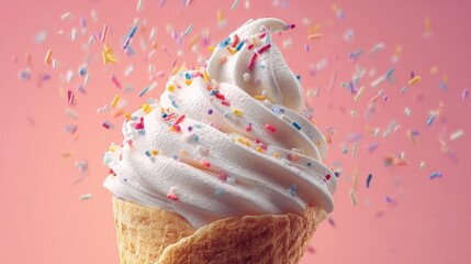 Soft serve ice cream cone with colorful sprinkles falling on a pink background
