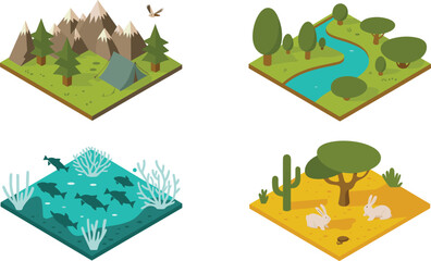 Ecosystem illustrations, forest habitat, marine life, desert wildlife, river landscape, nature scenes, biodiversity icons, environmental concept art