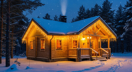 Cozy wooden cabin illuminated with warm lights in a snowy forest at night