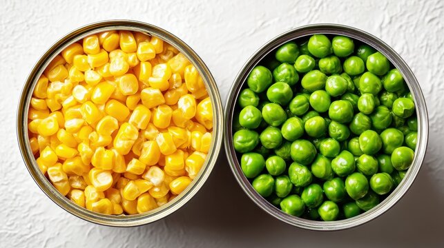Open cans of sweet corn kernels and green peas, top view