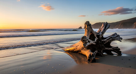 Driftwood on a sandy beach at sunset with waves and a mountain in the background under a cloudy sky