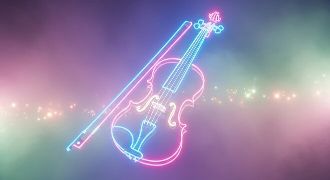 Glowing neon outline of a stringed instrument and its bow floats against a smoky, colorful background
