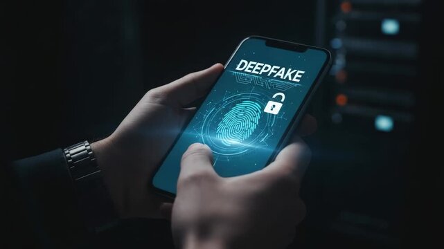 Professional man using a smartphone with a deepfake biometric fingerprint scanner for access, highlighting concepts of artificial intelligence, digital security, and identity verification