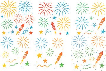 Hand-Drawn Crayon Fireworks Illustration – Kid Style Doodle Rocket, Stars & Celebration Sketch Art