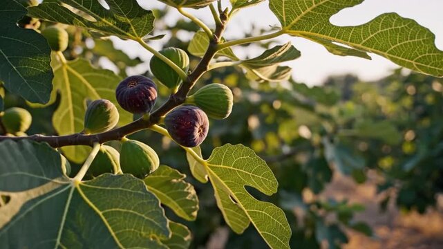 Close-up of ripe figs on a branch surrounded by lush green leaves in a sunlit orchard at dusk