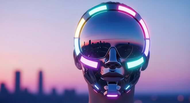 Futuristic metallic android face features luminous glowing accents against a pastel evening cityscape background - Powered by Adobe