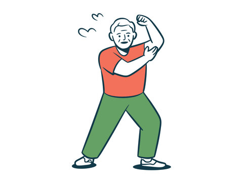 An older man proudly flexing his bicep, demonstrating his strength and vitality.