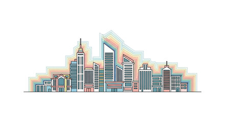 Colorful modern city skyline illustration with vibrant pastel layers, perfect for urban planning, architecture, and real estate promotional materials