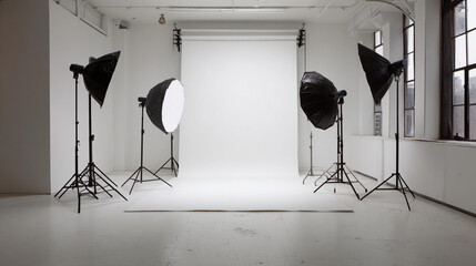 Bright studio setup with lighting equipment and white backdrop, ready for a professional photoshoot