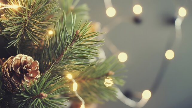 Close up of pine tree branch with pine cone and christmas lights bokeh