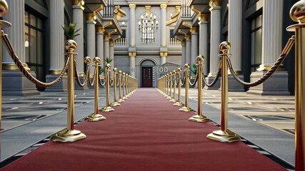 A grand entrance showcases a rich red carpet lined with golden barriers, leading to an impressive architectural space with tall columns