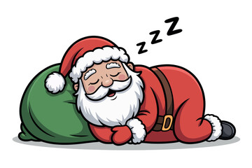 A tired Santa Claus sleeps soundly on a large green sack, with 'zzz' symbols indicating his deep slumber.
