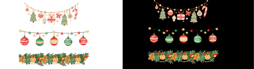 PNG image of Festive christmas decorations featuring ornaments garlands trees gingerbread men and gifts perfect for holiday cards and seasonal designs adding cheer