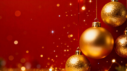 Festive golden christmas ornaments hanging against a vibrant red background with sparkling bokeh lights