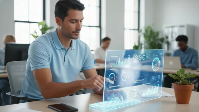 Professional office worker analyzing financial data charts and statistics on a futuristic holographic computer, interacting with the augmented reality interface in a modern coworking space