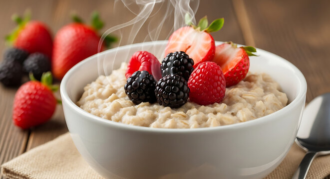 A bowl of steaming oatmeal topped with fresh strawberries raspberries and blackberries on a wooden table