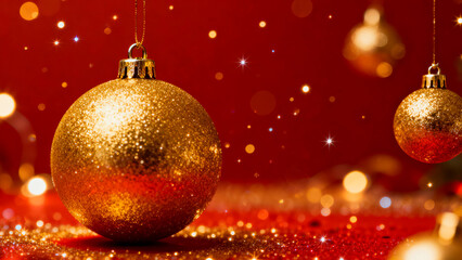 Close up of a golden christmas ornament hanging with bokeh lights and falling snow on a red background