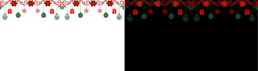 PNG image of Festive christmas garland with red poinsettias green ornaments and gift boxes creating a holiday border for cards and seasonal designs