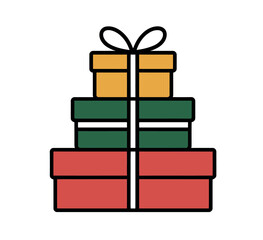 A stack of three festive gift boxes tied with ribbons sits ready for a celebration.