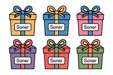 Six colorful gift boxes are neatly arranged in two rows, each adorned with a ribbon and bow, and labeled with the word 'Soner'.