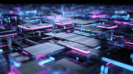 Futuristic neon circuit grid landscape with glowing cyber technology architecture - Powered by Adobe