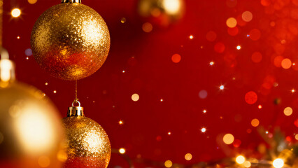 Close up of golden christmas baubles hanging against a vibrant red background with soft bokeh lights