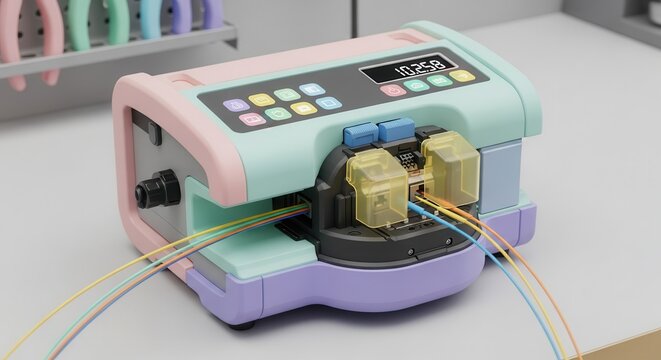 Desktop optical fiber splicing machine displays digital measurement beside colorful handling tools