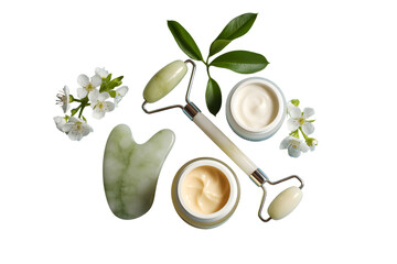 Jade facial roller gua sha and skincare creams isolated on transparent background