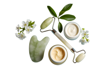 Jade facial roller gua sha and skincare creams isolated on transparent background