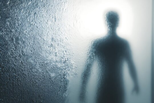 Human silhouette behind textured frosted glass panel