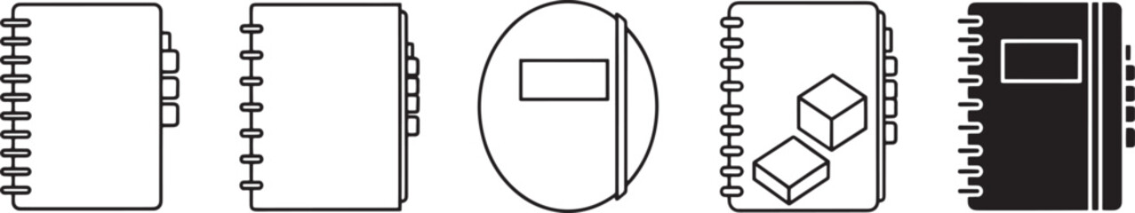 Obraz premium Versatile set of notebook and planner icons, featuring spiral-bound, tabbed, and unique graphic designs for various organizational needs and projects. Vector